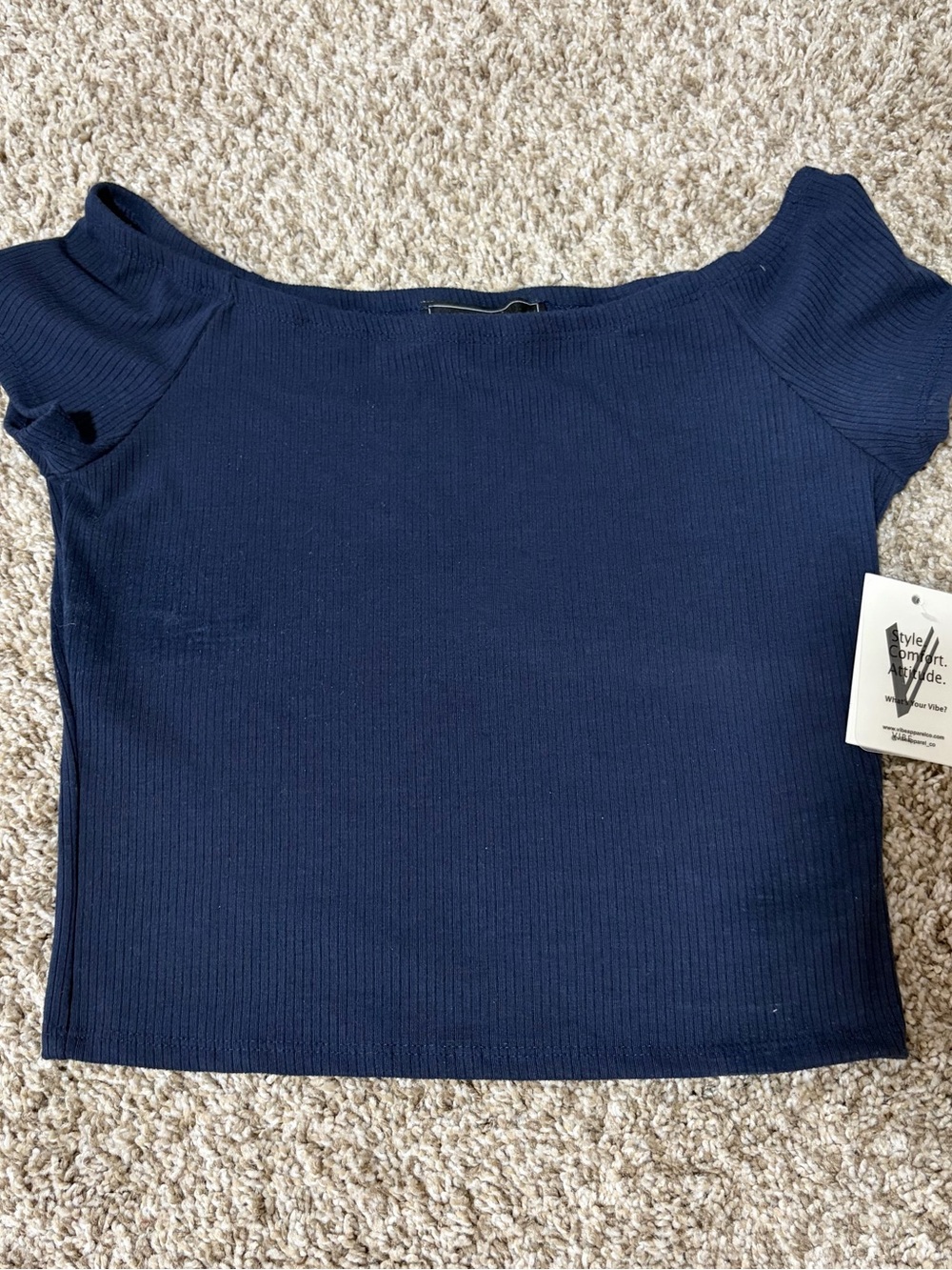 Vibe Navy Ribbed Off-Shoulder Crop Top